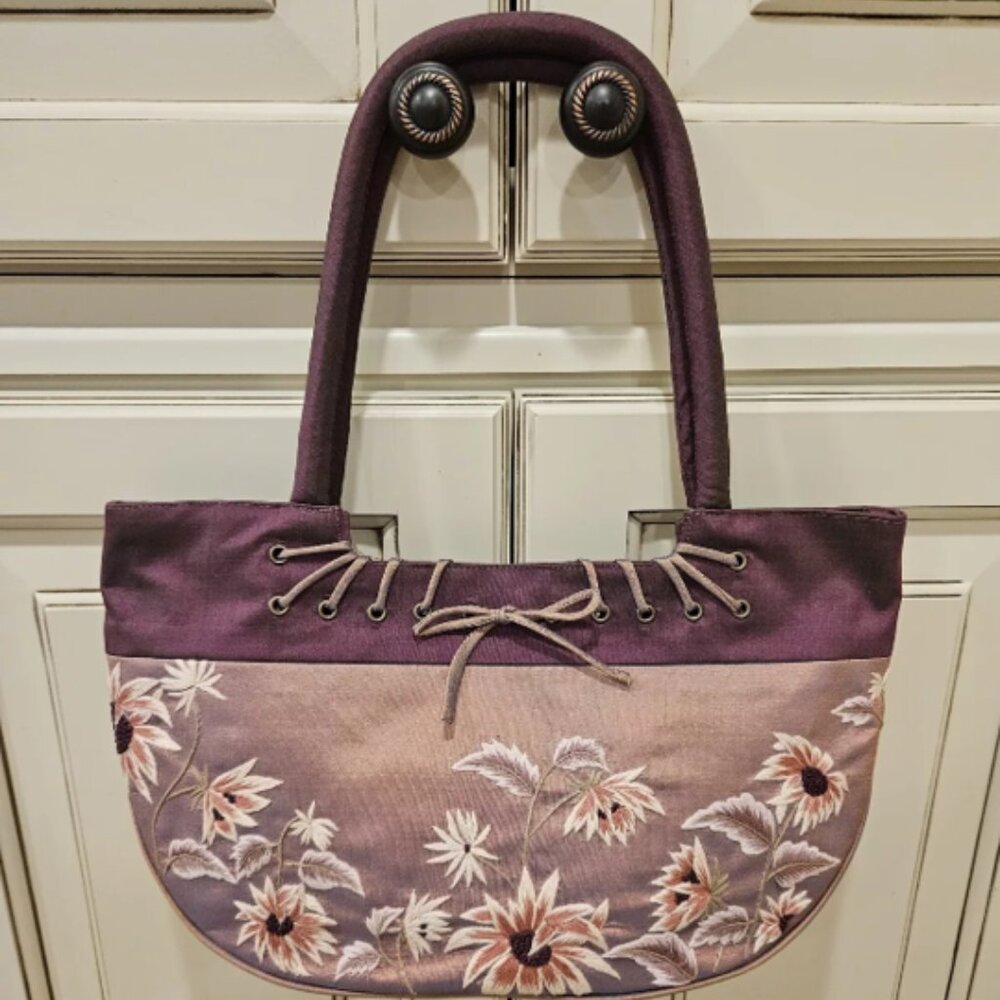 Iridescent Silk Purse Evening Bag Two-Tone Mauve & Embroidered Flowers NWOT